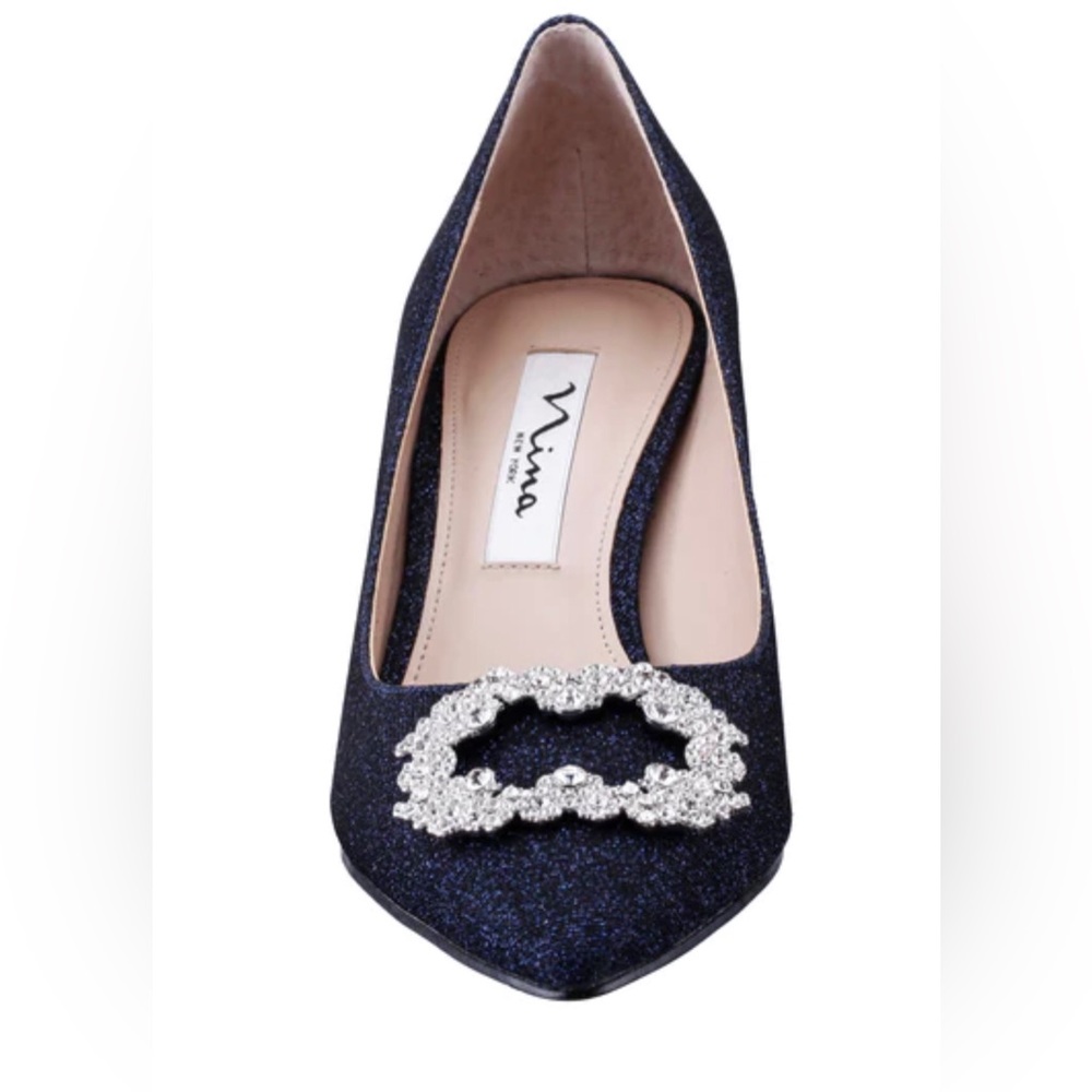 WOMENS NAVY TEXTURED METALLIC JEWELED MID-HEEL CLASSIC DRESS PUMP